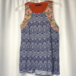 THML Floral Embroidered Sleeveless High Low Top Blue Orange TM3187 Womens Small